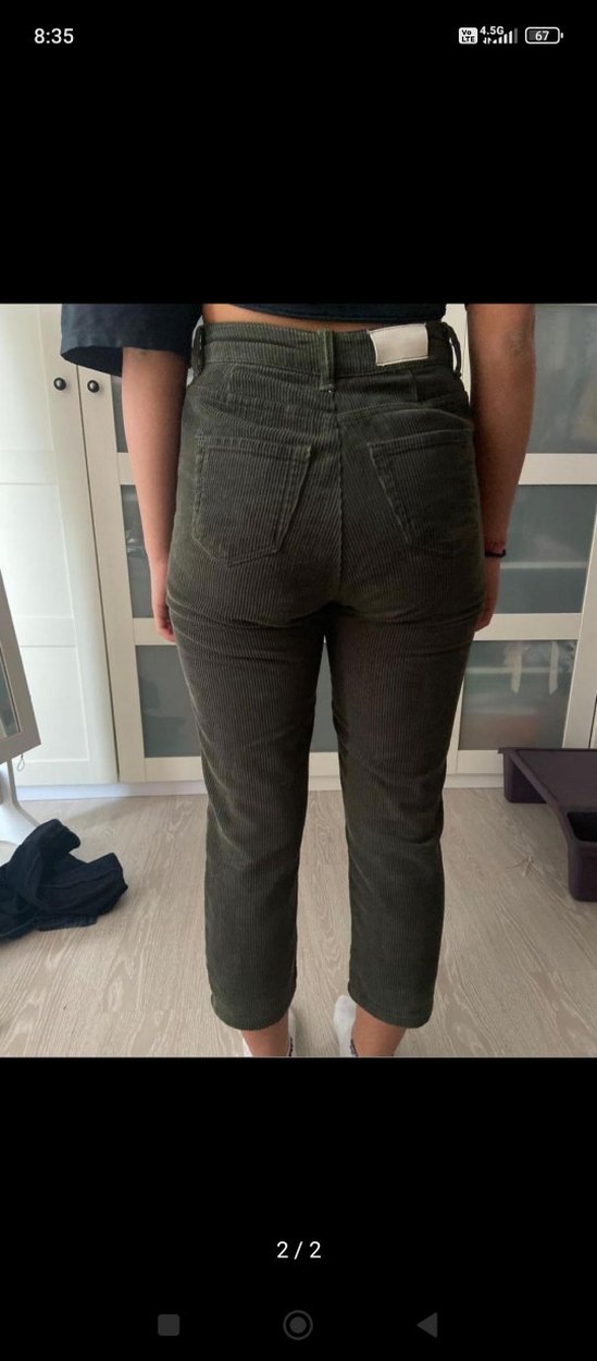 Kadın Haki Fitilli Kemerli Denim Pantolon - Görsel 2