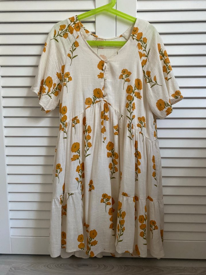 Bej Çiçek Desenli Midi Bohem Elbise - Görsel 3