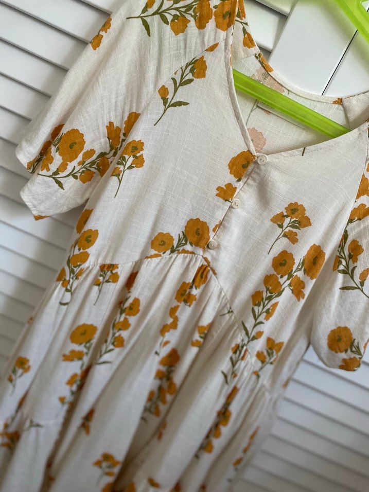 Bej Çiçek Desenli Midi Bohem Elbise - Görsel 2