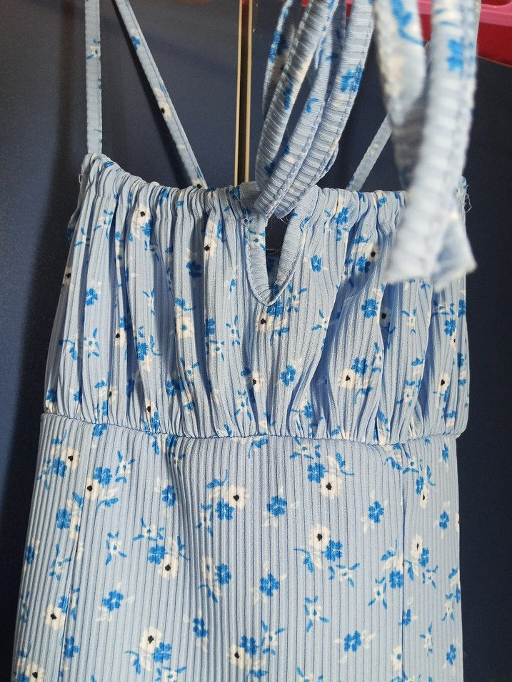 Mavi Çiçek Desenli İp Askılı Midi Elbise - Görsel 3