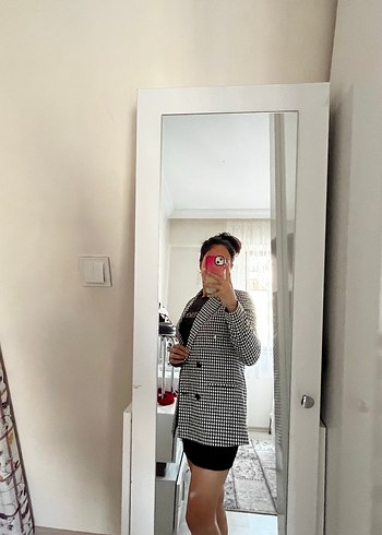 Düğmeli Siyah Ekose Kadın Blazer Ceket - Görsel 3