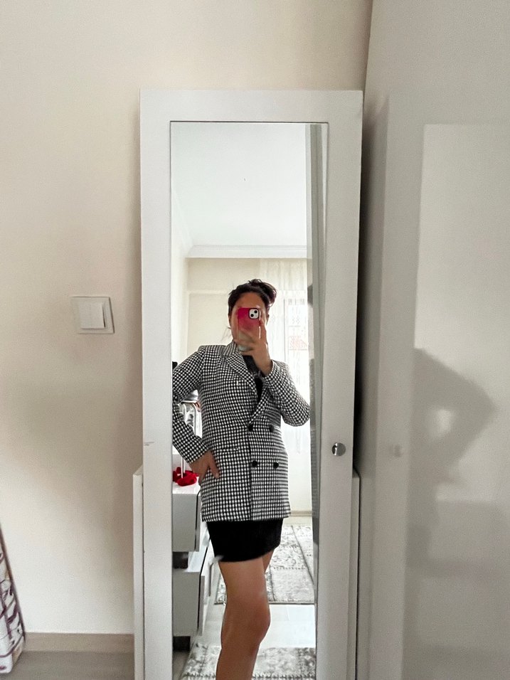 Düğmeli Siyah Ekose Kadın Blazer Ceket - Görsel 2