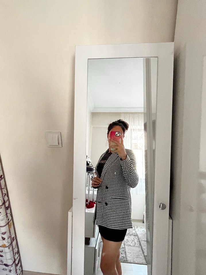 Düğmeli Siyah Ekose Kadın Blazer Ceket - Görsel 3