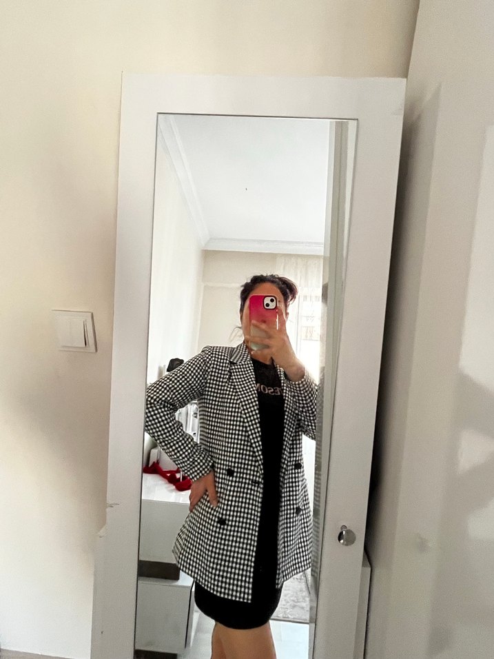 Düğmeli Siyah Ekose Kadın Blazer Ceket - Görsel 4