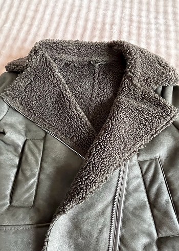 Gri Kürklü Deri Biker Ceket - Görsel 3