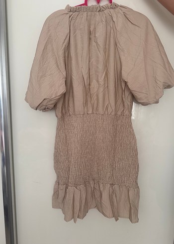 38 Beden ten rengi Renk Bej Keten Mini Elbise, V Yaka, Fırfırlı