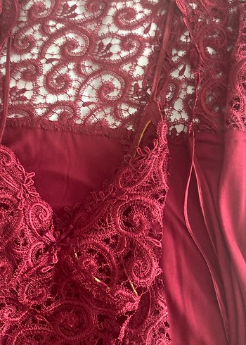 Bordo Dantel Detaylı Uzun Kadın Gecelik - Görsel 2