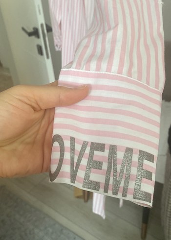 Pembe Çizgili Uzun Kollu Midi Kadın Gömlek - Görsel 3