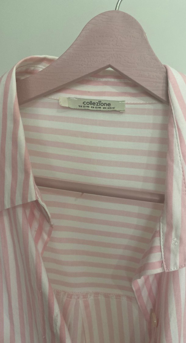 Pembe Çizgili Uzun Kollu Midi Kadın Gömlek - Görsel 5