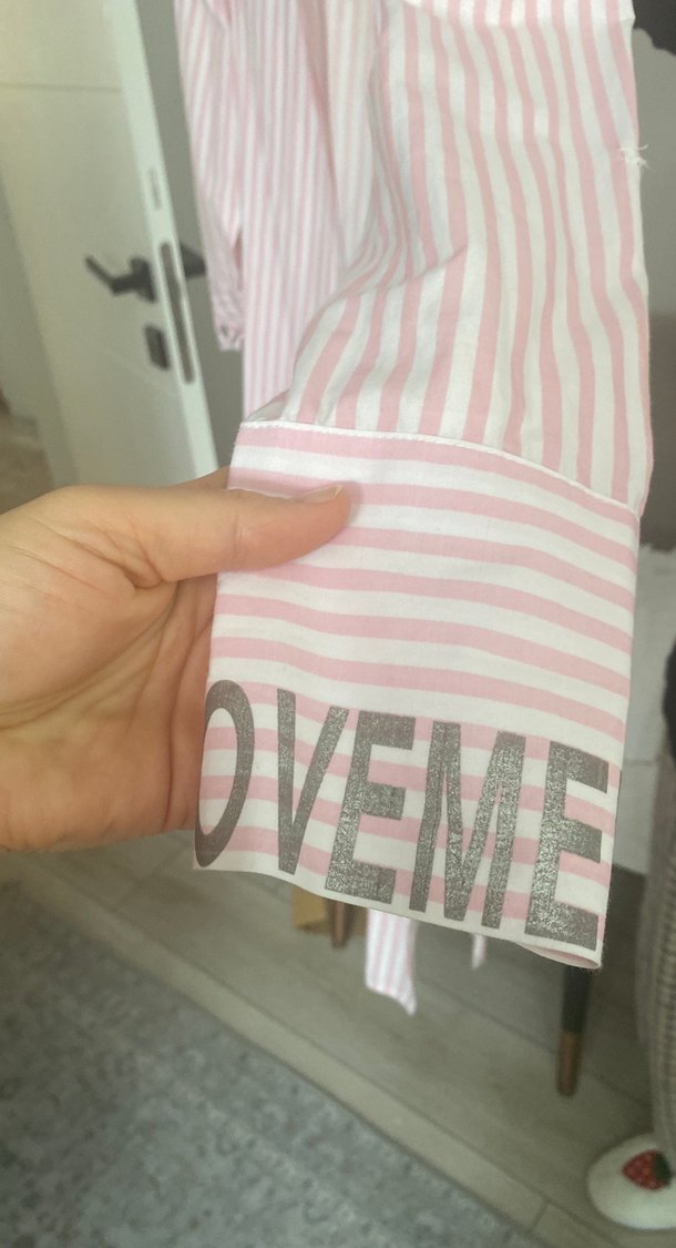 Pembe Çizgili Uzun Kollu Midi Kadın Gömlek - Görsel 3