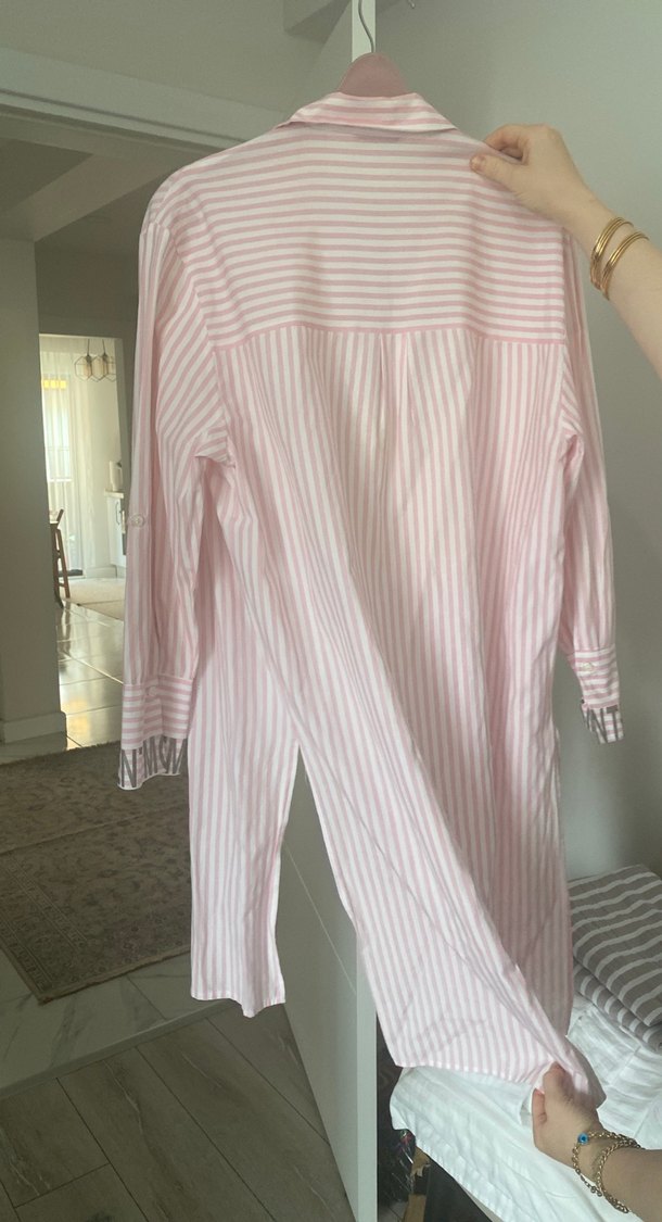 Pembe Çizgili Uzun Kollu Midi Kadın Gömlek - Görsel 2