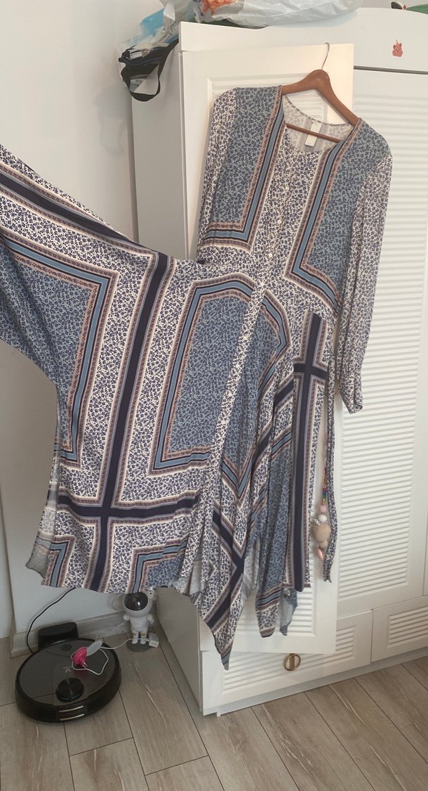 Bohem V Yaka Uzun Kollu Uzun Elbise - Görsel 2