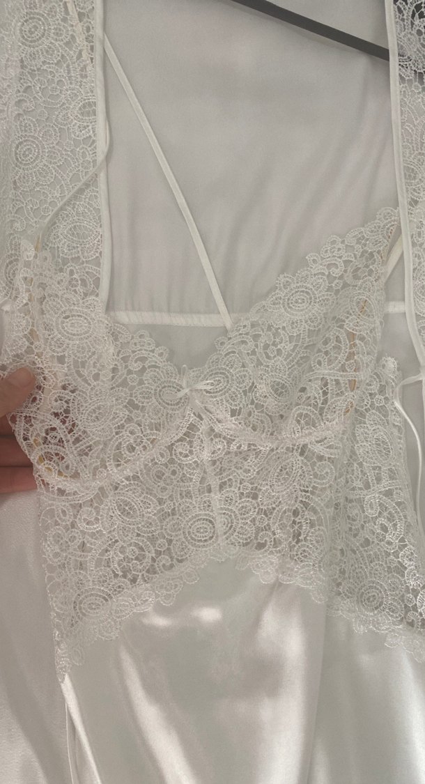 Uzun Beyaz Dantelli Bohem Kadın Pijama Takımı - Görsel 5