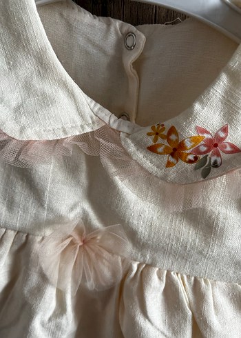 Kız Çocuk krem Keten Elbise - Görsel 2