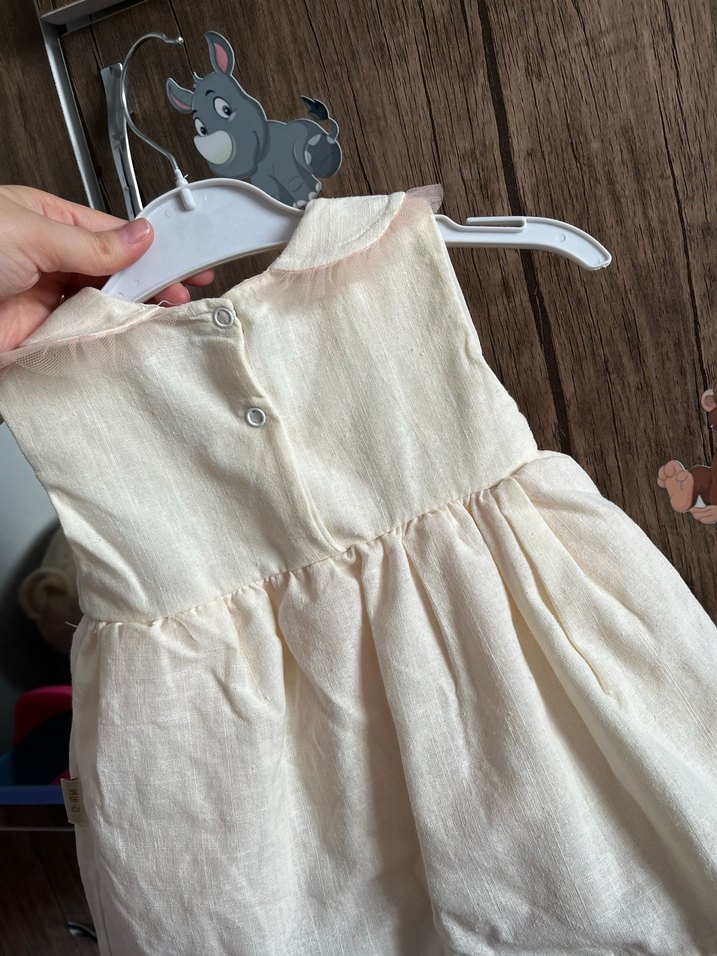 Kız Çocuk krem Keten Elbise - Görsel 4
