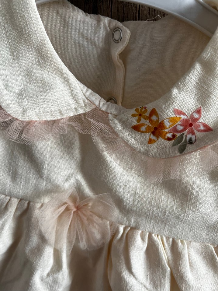 Kız Çocuk krem Keten Elbise - Görsel 2