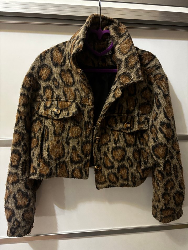 Kahverengi Leopar Desenli Kısa Kadın Ceket - Görsel 2