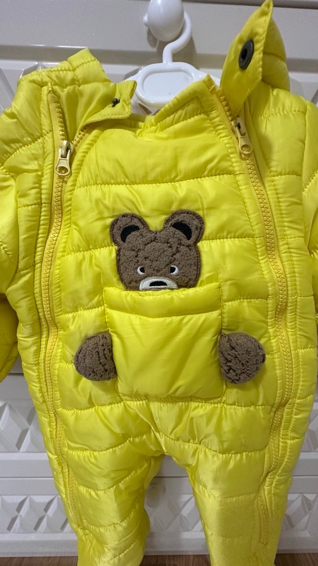 Kız veya erkek Tulum 9 ay Sarı Bebek Kürklü Nakışlı Tulum - Görsel 2