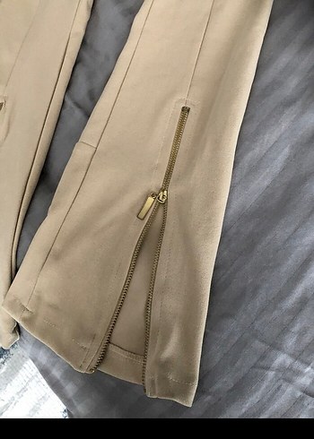 krem renk süet tarzda fermuarlı pantolon - Görsel 2