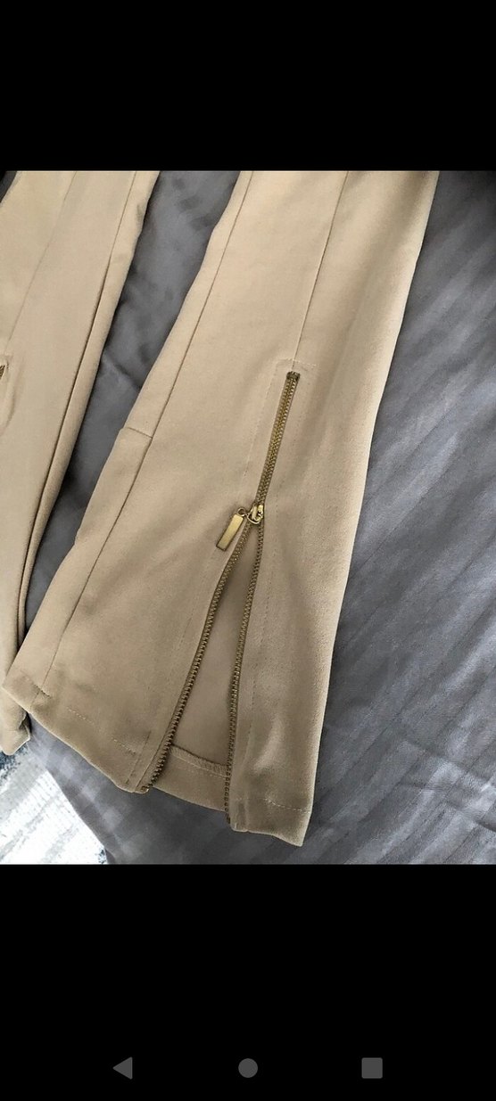 krem renk süet tarzda fermuarlı pantolon - Görsel 2