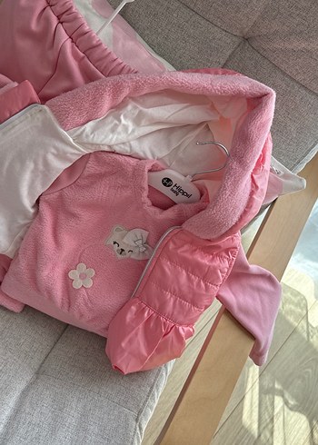 1 Yaş Beden pembe Renk Pembe Kız Bebek Fermuarlı Uzun Kollu Takım