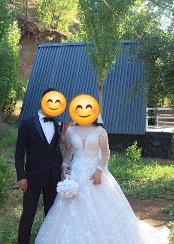 Gelinlik Uzun Kollu V Yaka Prenses Gelinlik