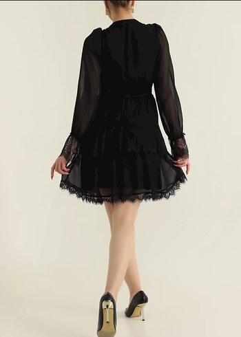 Dantel Detaylı Siyah Mini Gotik Elbise - Görsel 3