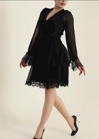 Dantel Detaylı Siyah Mini Gotik Elbise - Görsel 2