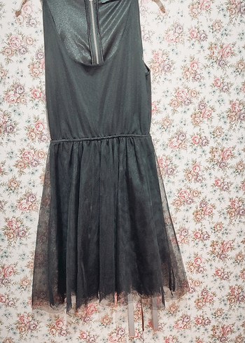 Dantel Detaylı  beli lastikli Siyah Midi Elbise - Görsel 2