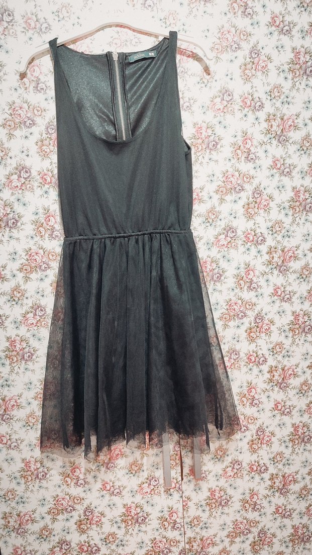 Dantel Detaylı  beli lastikli Siyah Midi Elbise - Görsel 2