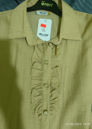 Kadın Keten Khaki Uzun Kollu Fırfırlı Gömlek - Görsel 2