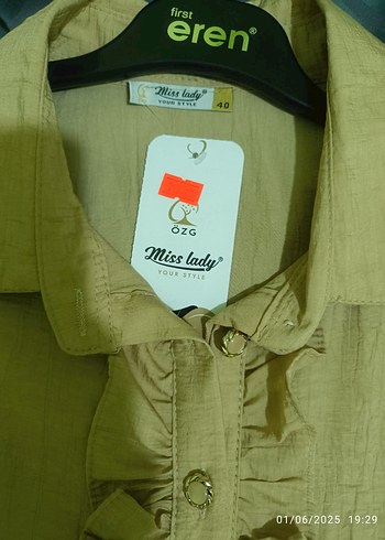 Kadın Keten Khaki Uzun Kollu Fırfırlı Gömlek - Görsel 3