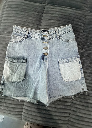 Düğmeli Gri Mavi Mini Denim şort etek