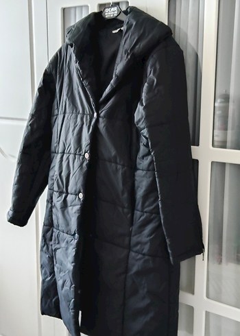 Düğmeli Siyah Uzun Kadın Kışlık Mont - Görsel 3