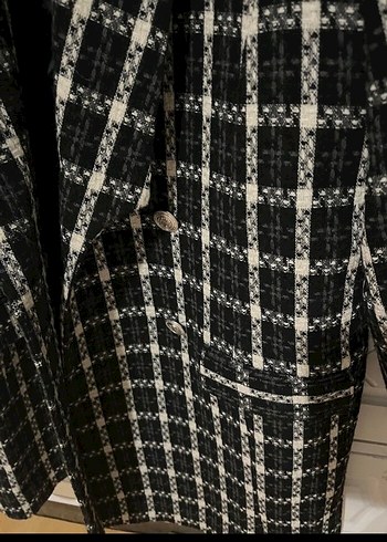 Düğmeli Siyah Ekose Kadın Blazer Ceket - Görsel 3