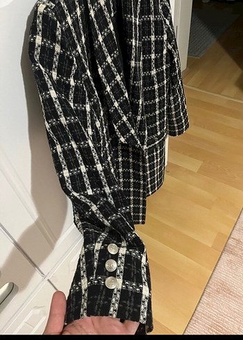 Düğmeli Siyah Ekose Kadın Blazer Ceket - Görsel 2