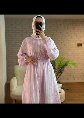 Düğmeli Pembe Pamuklu Uzun Elbise