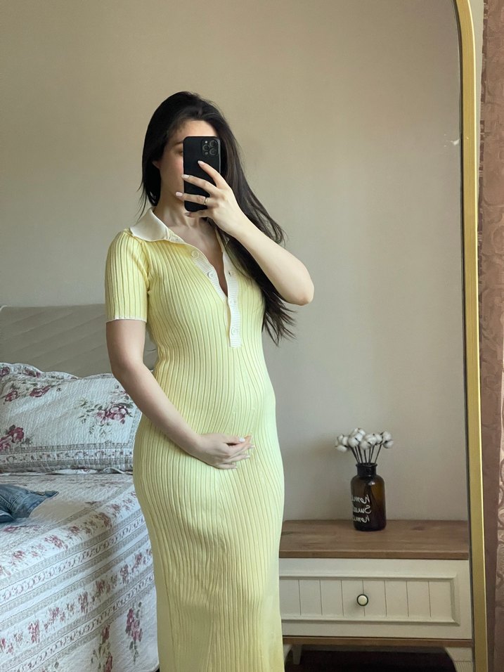 Sarı Uzun Kollu Fit Triko Elbise - Görsel 2