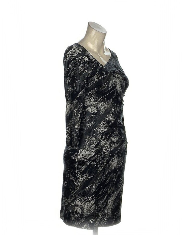 Gri Yılan Desenli V Yaka Drapeli Midi Elbise - Görsel 2