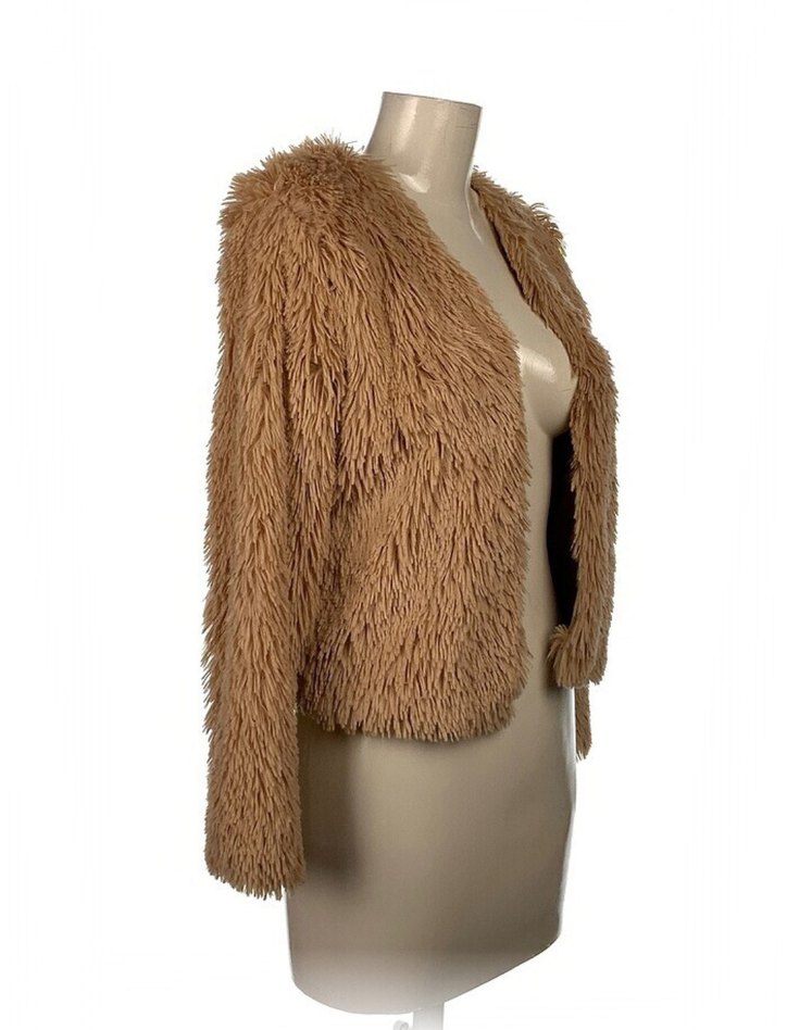 Bej Kadın Uzun Kollu Suni Kürk Ceket - Görsel 2