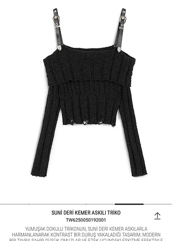 Twist Suni Deri Kemer Askılı Siyah Triko Crop Top