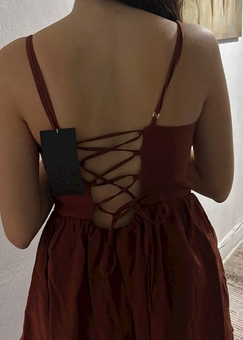 Bordo V Yaka İpli Midi Elbise