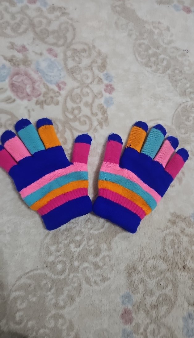Renkli Kız Çocuk Eldiveni, Örgü Detaylı - Görsel 2