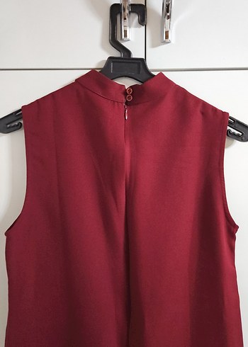 Bordo Süet Yüksek Yakalı Kolsuz Midi Elbise - Görsel 4