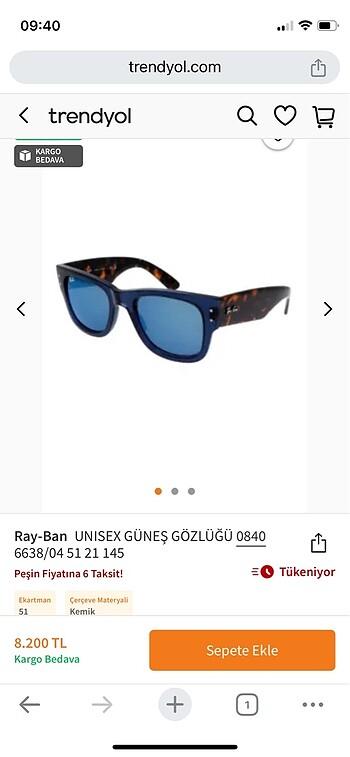  Beden Ray ban mavi camlı güneş gözlüğü