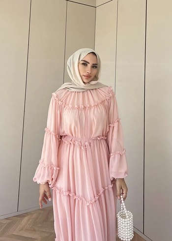 Diğer Pudra Renkli Uzun Fırfırlı Bohem Elbise