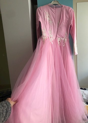 Abiye Pembe Uzun Kollu Dantel İşlemeli Nişan Elbisesi