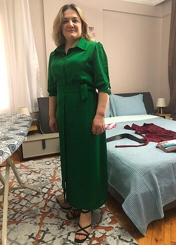 l Beden yeşil Renk Düz uzun bir elbise 