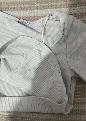 Kadın Gri Keten Kısa Crop Top - Görsel 3