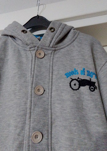 Gri Düğmeli kapşonlu hırka - Görsel 4